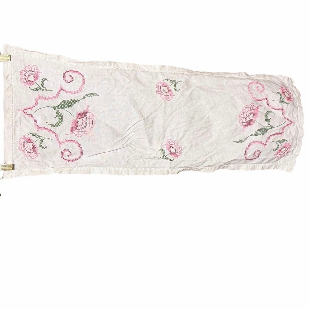 Vintage Handmade Cross Stitch Floral Table Runner Cottagecore Folk Decor prairie